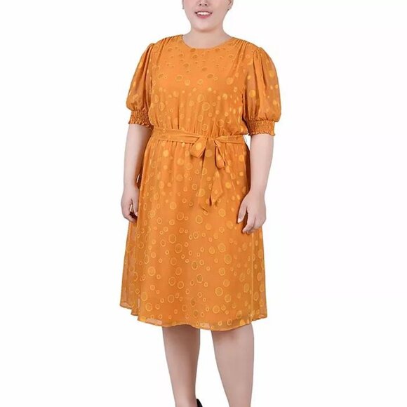 NY Collection Dresses & Skirts - NY Collection Plus Size Swiss Dot Elbow Sleeve Dress - Inca Gold-Tone - Size 2X